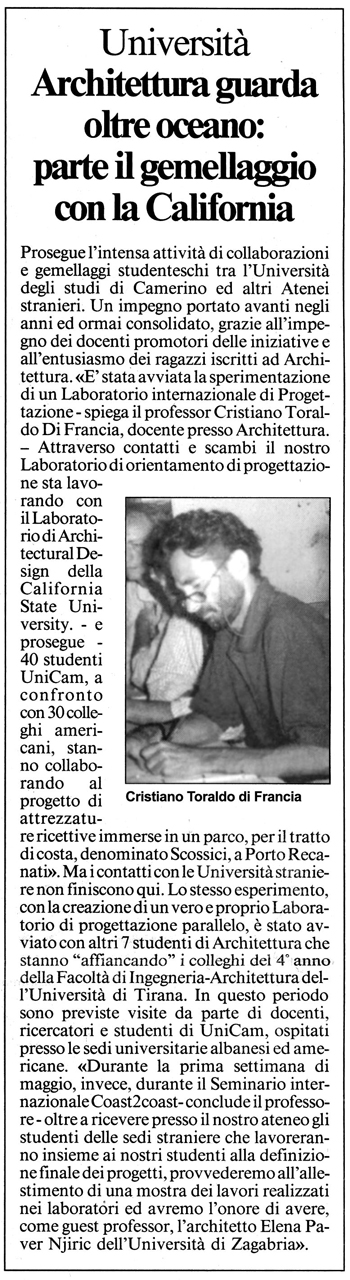 Laboratorio di Progettazione del Paesaggio _ Facoltà di Architettura di Ascoli Piceno coast to coast 03 - Il Messaggero sul Coast2Coast (30 marzo 2006) 